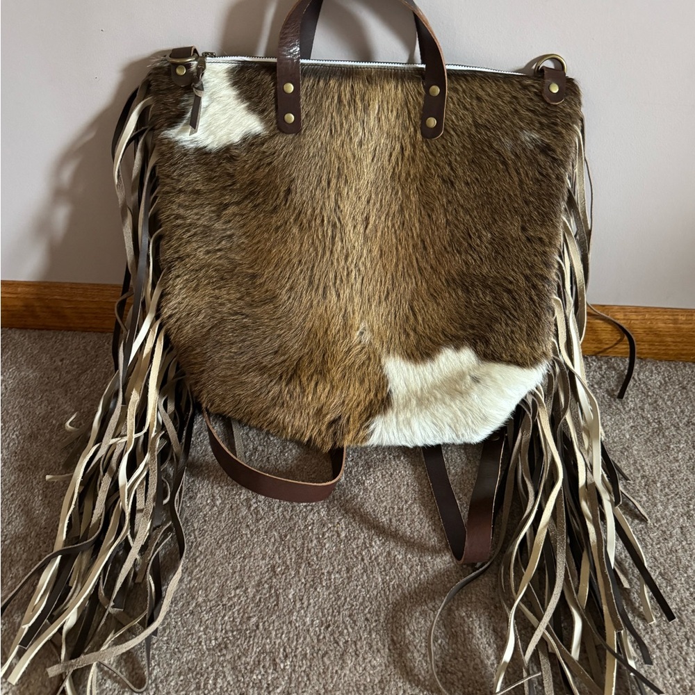 Brown and White Fringe Leather Bag
